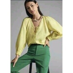 Anthropologie MAEVE Sz M Audie 100% Linen Blouse Yellow Button Front Puff Sleeve